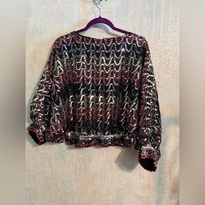 Miss H Vtg 80s Sequined Wave-Pattern Blouse in Pink, Black & Silver, Disco Sz Lg